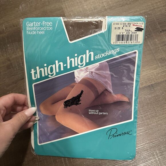 VTG Primrose Thigh High Stockings Nylon Size B Taupe Extra Long 5’6 And Over - Picture 1 of 4